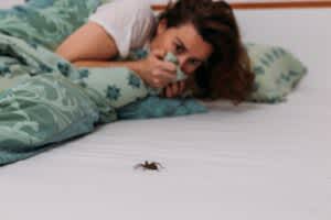 stock photo of a woman lying in bed scared of a spider